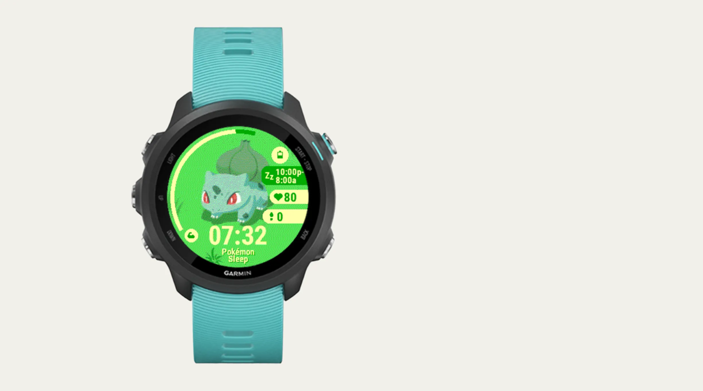 A Pokémon Sleep inspired watch face running on a Garmin Forerunner 245 Music
