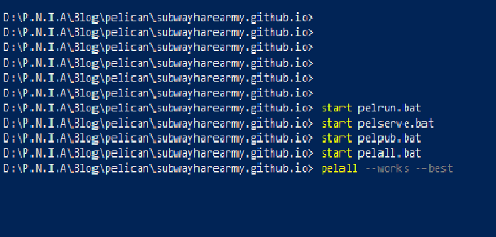 A photo of a powershell window, showing commands for hosting a Pelican blog.