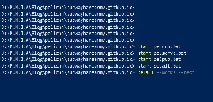 A photo of a powershell window, showing commands for hosting a Pelican blog.